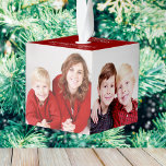 Merry Christmas Red 4 Family Photo Festive Gift Cube Ornament<br><div class="desc">This classic cube Merry Christmas ornament features a modern layout of 4 family photos (one on each side) with a festive red with white handwritten typography on the top. This beautiful four photo holiday ornament gift features your own photographs surrounding your message and family name.</div>