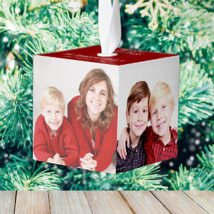 Merry Christmas Red 4 Family Photo Festive Gift Cube Ornament