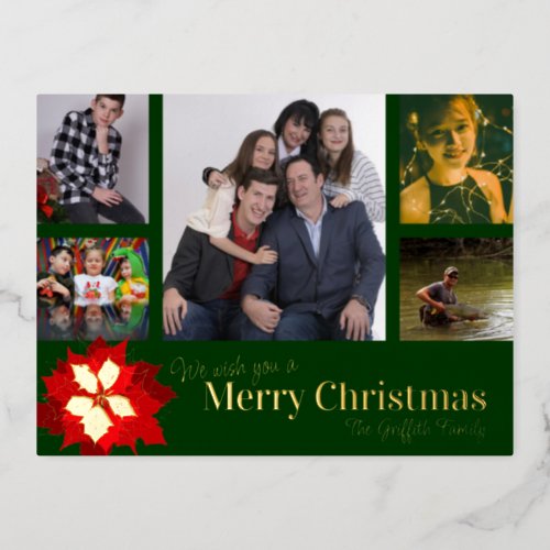 Merry Christmas red 5 photos red green poinsettia Foil Holiday Postcard