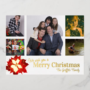 Merry Christmas red 5 photos red poinsettia Foil Holiday Postcard