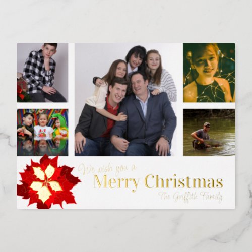 Merry Christmas red 5 photos red poinsettia  Foil Holiday Postcard