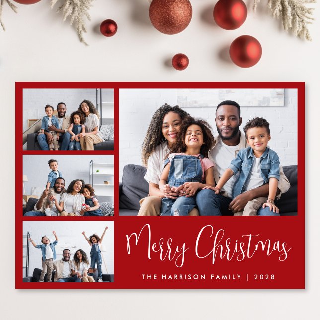 Merry Christmas Red 6 Photo Holiday Card (Share the love and warmth of the season with a personalized 6 photo Christmas card)