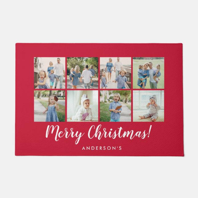 Merry Christmas Red 8 Photo Name Doormat (Front)