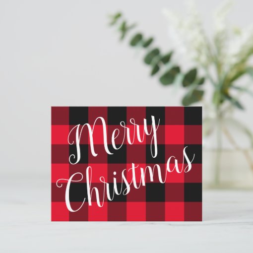 Merry Christmas Red and Black Buffalo Plaid Postcard | Zazzle