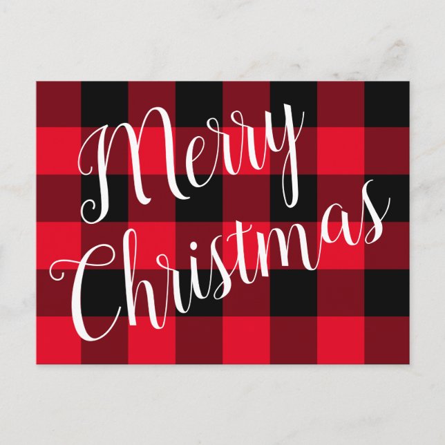 Merry Christmas Red and Black Buffalo Plaid Postcard (Front)
