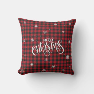 Merry Christmas Red and Black Buffalo Plaid Snowy Throw Pillow