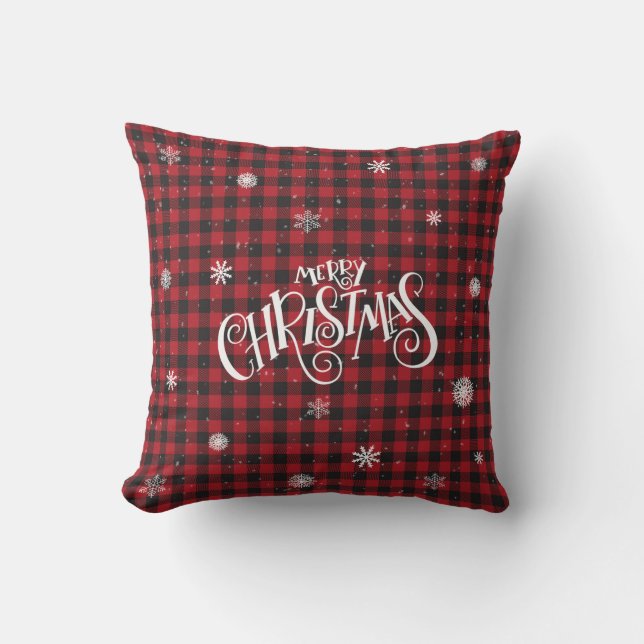 Merry Christmas Red and Black Buffalo Plaid Snowy Throw Pillow (Front)