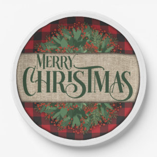 Merry Christmas Red and Black Plaid Paper Plates