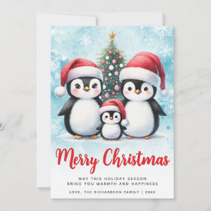 Merry Christmas Red and Blue Cute Penguin Family Holiday Card