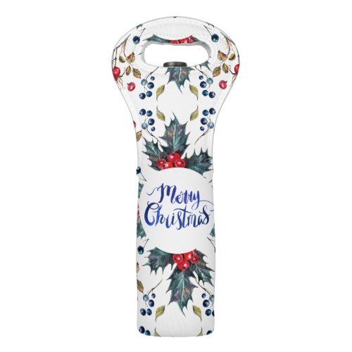 Merry Christmas_ Red And Blue Holly Berries Wine Bag