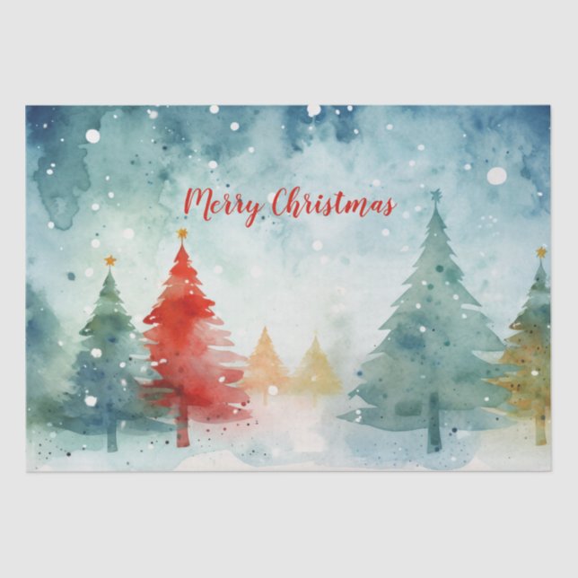 "Merry Christmas" Red and Colorful Pine Trees Tissue Paper (Front)