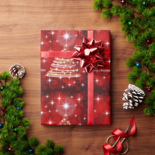 Merry Christmas Red and Gold Christmas Tree Wrapping Paper