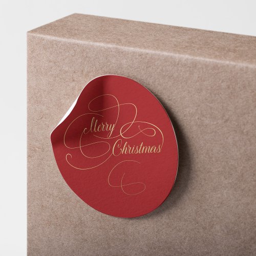 Merry Christmas red and gold elegant script Classic Round Sticker