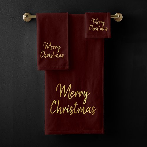 Merry Christmas  Red and Gold Modern Calligraphy Bath Towel Set