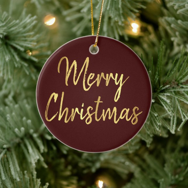 Merry Christmas | Red and Gold Modern Calligraphy Ceramic Ornament (Tree)