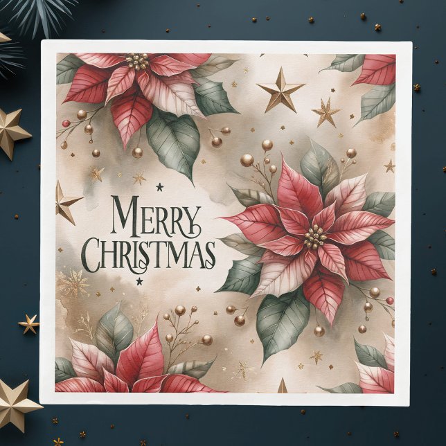 Merry Christmas, Red and Gold Poinsettia  Paper Dinner Napkins (Creator Uploaded)