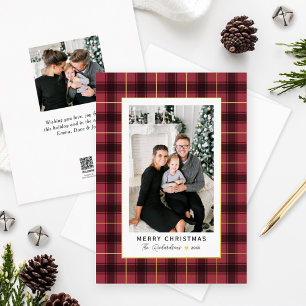 Merry Christmas Red and Gold Tartan Plaid Photo Foil Holiday Card
