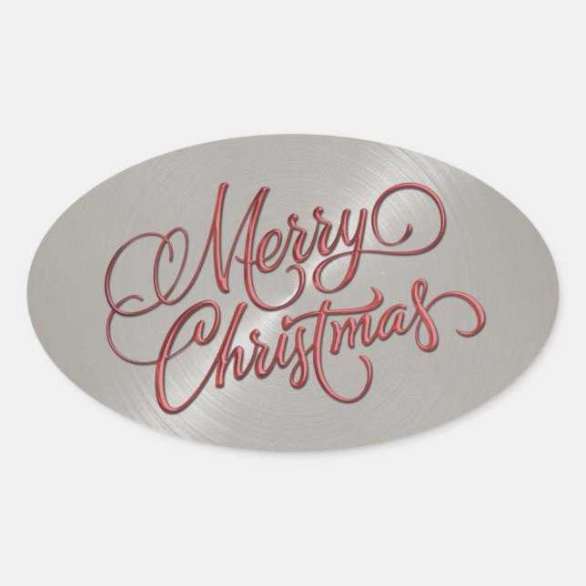 Merry Christmas Red and Gray Embossed Look Oval Sticker (Front)