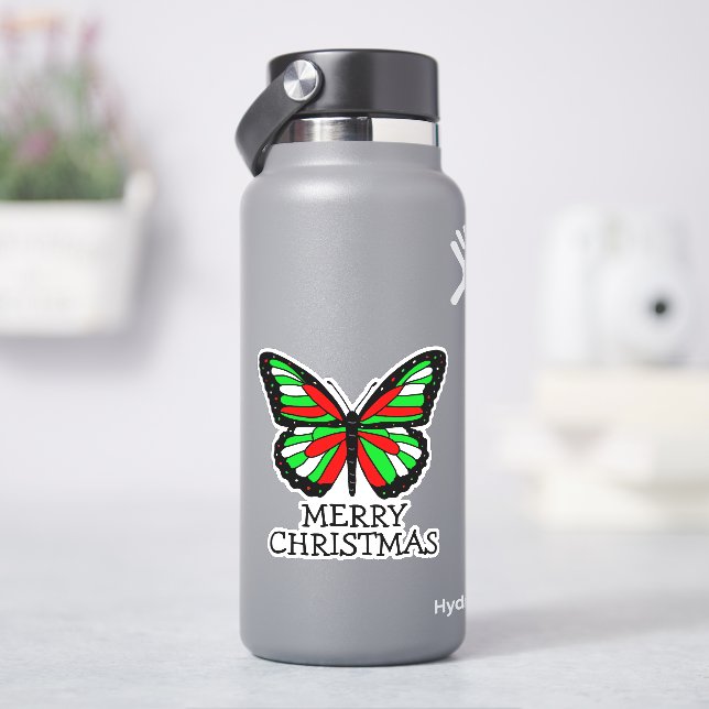 Merry Christmas Red and Green Butterfly  Sticker (HydroFlask)