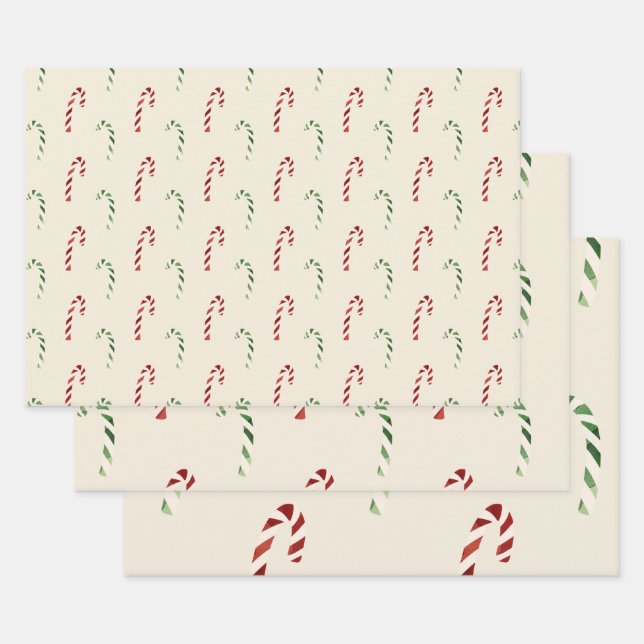 Merry Christmas Red and Green Candy Canes Wrapping Paper Sheets (Set)