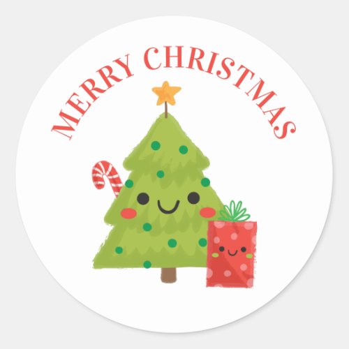 Merry Christmas Red and green cute winter tree Classic Round Sticker