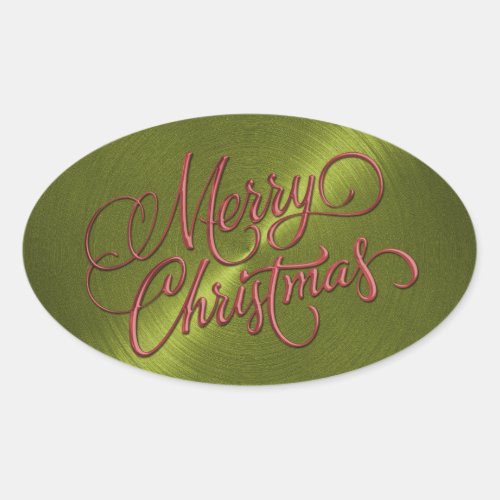 Merry Christmas Red and Green Embossed Look Oval Sticker