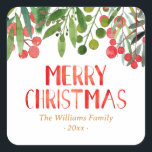 Merry Christmas Red And Green Family Square Sticker<br><div class="desc">Merry Christmas berries personalized family stickers.</div>