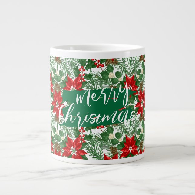 Merry Christmas, Red and Green Flora Pattern, Giant Coffee Mug (Front)