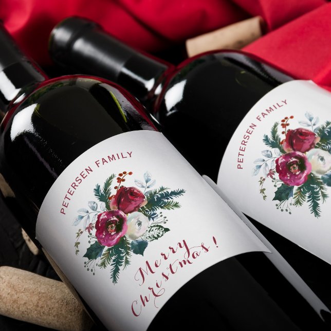 Merry Christmas red and green floral family name Wine Label (Creator Uploaded)