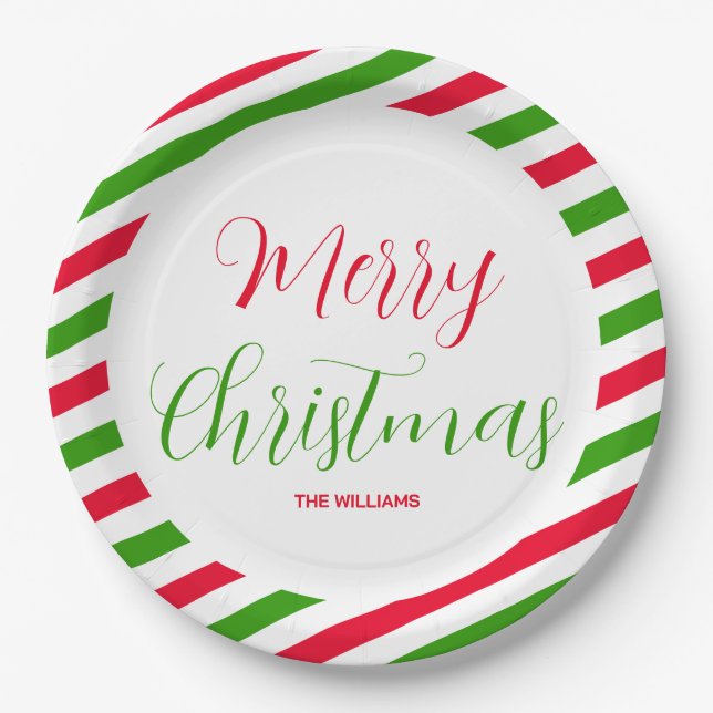 Merry Christmas Red And Green Holiday Party Name Paper Plates (Front)