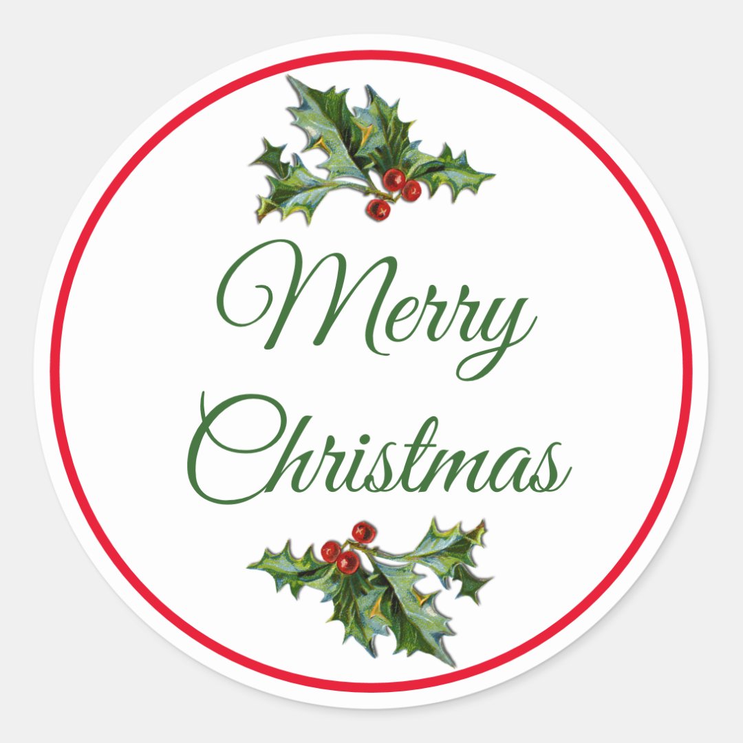 Merry Christmas Red and Green Holly Classic Round Sticker | Zazzle