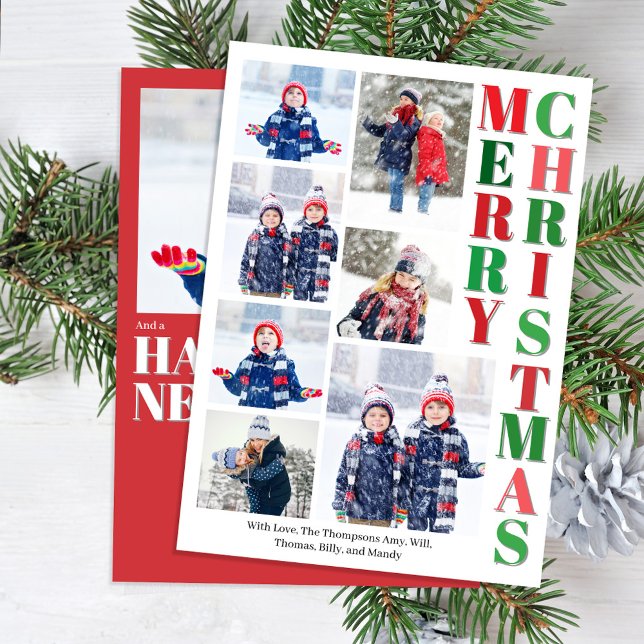 Merry Christmas Red and Green Photo Collage  Holiday Card (Merry Christmas Photo Collage Custom Holiday Photo Card)