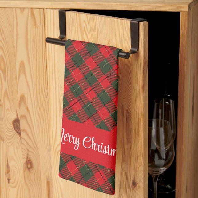  Merry Christmas Red and Green Plaid Custom Text Kitchen Towel (Thirds Fold)