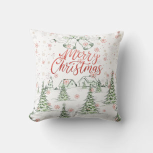 Merry Christmas Red and Green Snowy Trees Throw Pillow