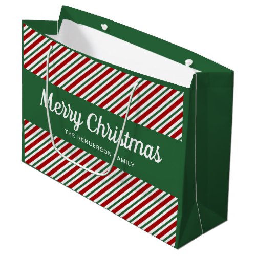 Merry Christmas Red And Green Striped Pattern Large Gift Bag