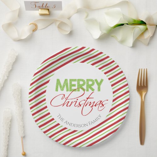 Merry Christmas  Red and Green Stripes Paper Plates