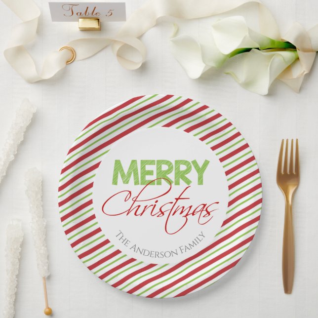 Merry Christmas | Red and Green Stripes Paper Plates (Wedding)