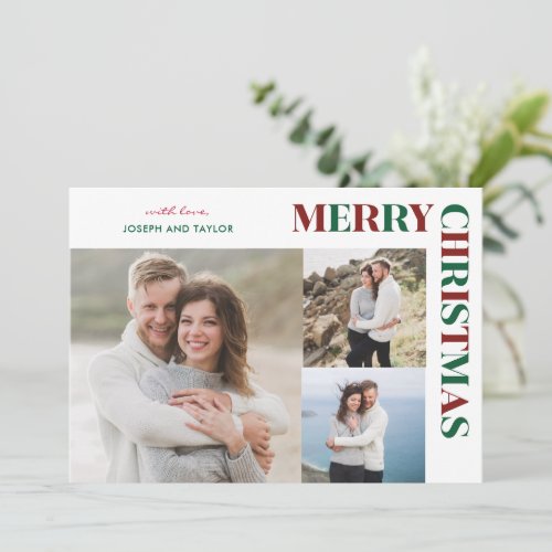 Merry Christmas Red and Green Typography 3 Photos Holiday Card