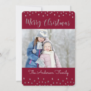Merry Christmas Red and Silver Foil Stars Photo Holiday Card