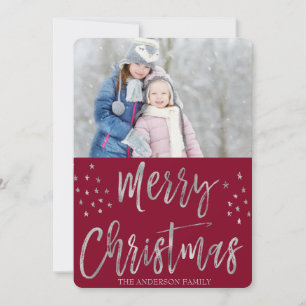 Merry Christmas Red and Silver Foil Stars Photo Holiday Card
