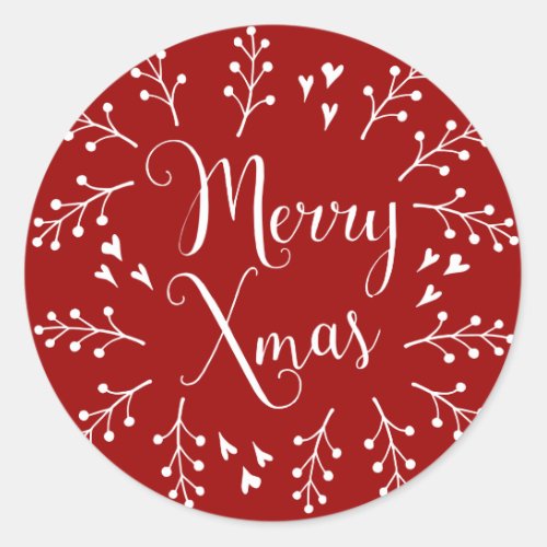 Merry Christmas Red and White Berries and Hearts Classic Round Sticker