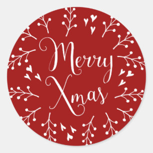 Merry Christmas Red and White Berries and Hearts Classic Round Sticker