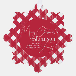 Merry Christmas Red and White Buffalo Plaid Ornament Card