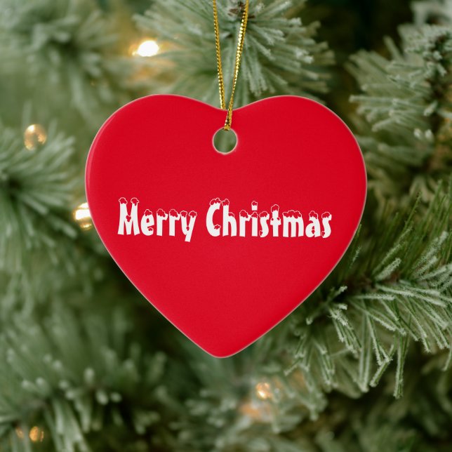 Merry Christmas red and white snow text cute heart Ceramic Ornament (Tree)