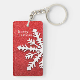 Merry Christmas Red and White Snowflake Keychain