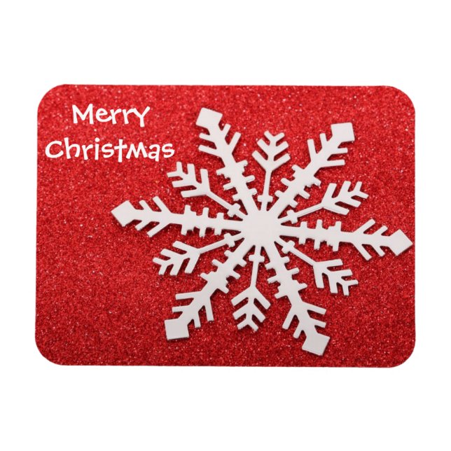 Merry Christmas Red and White Snowflake Modern Magnet (Horizontal)