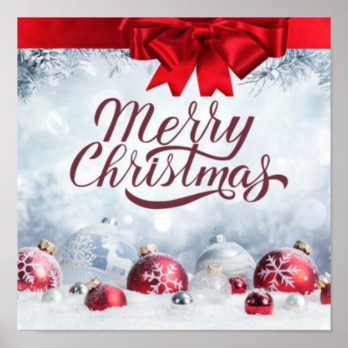 Merry Christmas Red and White Snowflake Ornaments Poster
