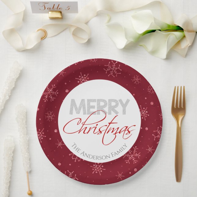 Merry Christmas | Red and White Snowflakes Paper Plates (Wedding)