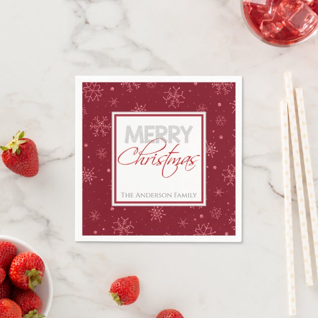 Merry Christmas | Red and White Snowflakes Party Napkins (Insitu)