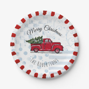 Merry Christmas Red Antique Truck Paper Plate